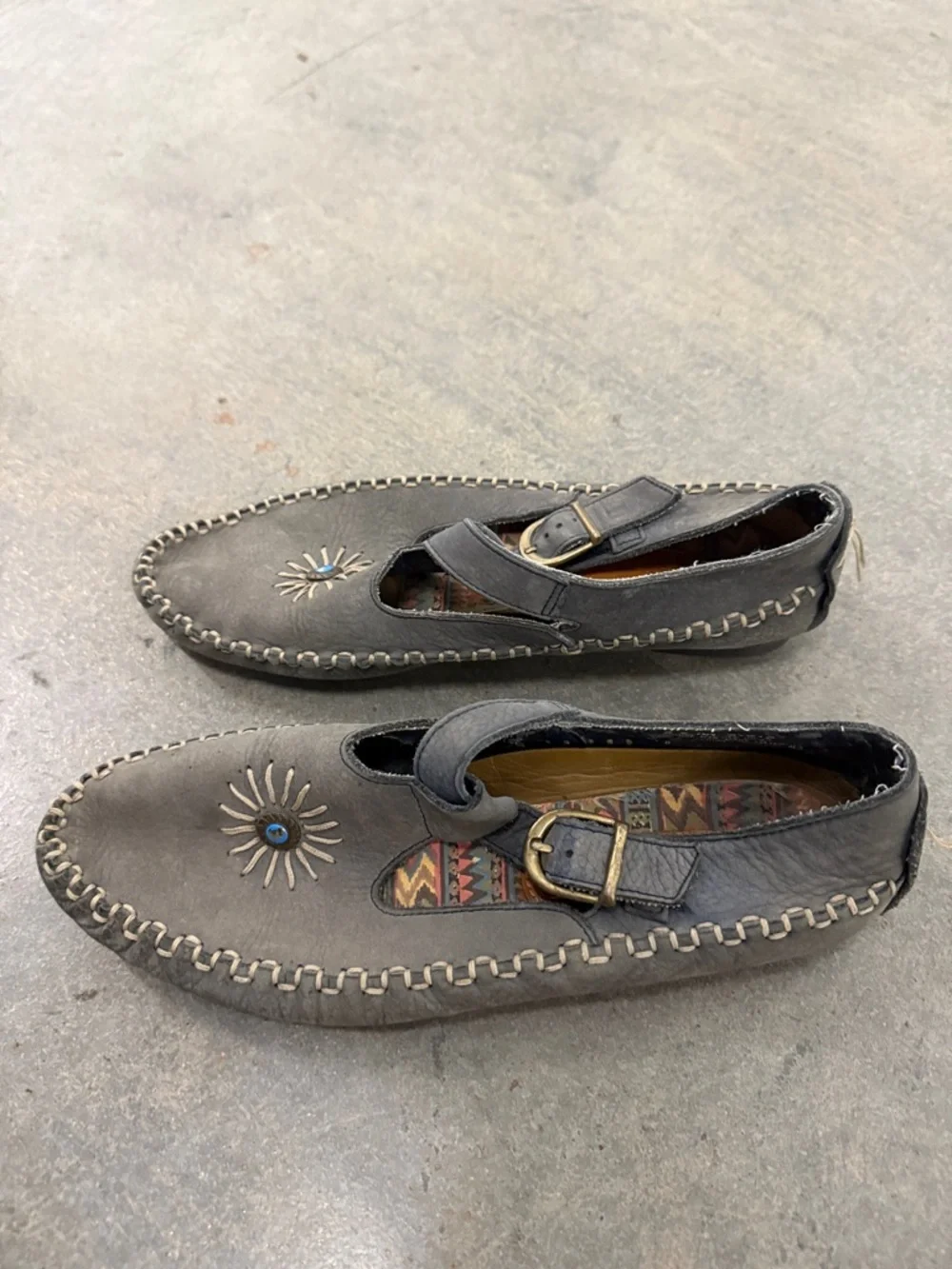 Hush Puppies Gray Leather Mary Jane Loafers with Sunburst Accent